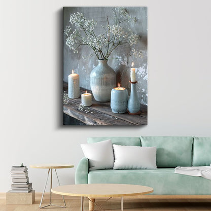 Beyaz Çiçekler - Huzur Veren Mum Işığı Kanvas Tablo
