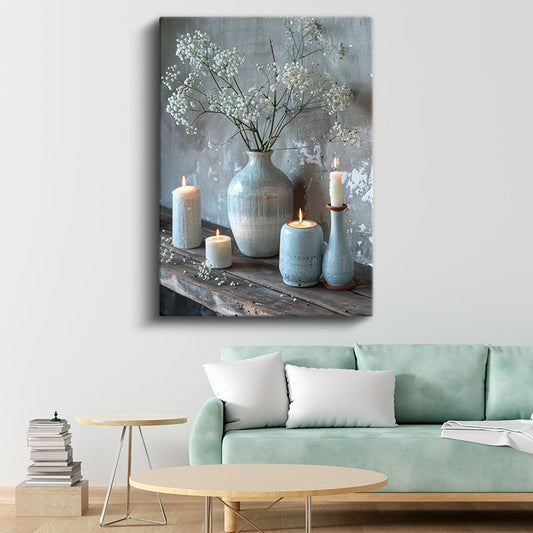 Beyaz Çiçekler - Huzur Veren Mum Işığı Kanvas Tablo