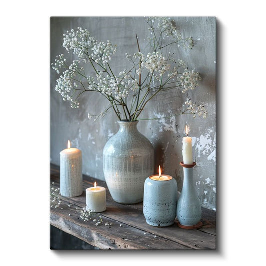 Beyaz Çiçekler - Huzur Veren Mum Işığı Kanvas Tablo