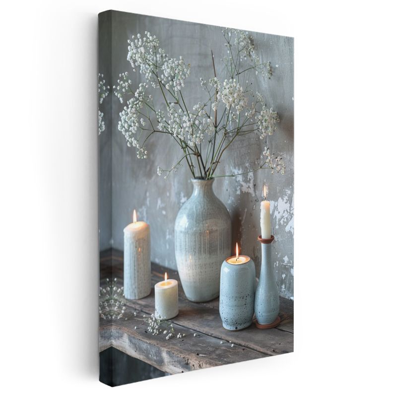 Beyaz Çiçekler - Huzur Veren Mum Işığı Kanvas Tablo