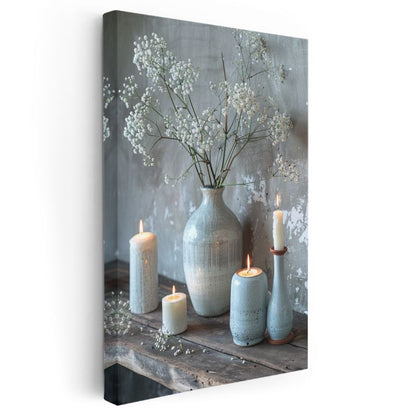 Beyaz Çiçekler - Huzur Veren Mum Işığı Kanvas Tablo