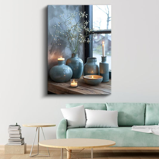 Mavi Vazolar - Pencere Kenarı Dekorasyonu Kanvas Tablo