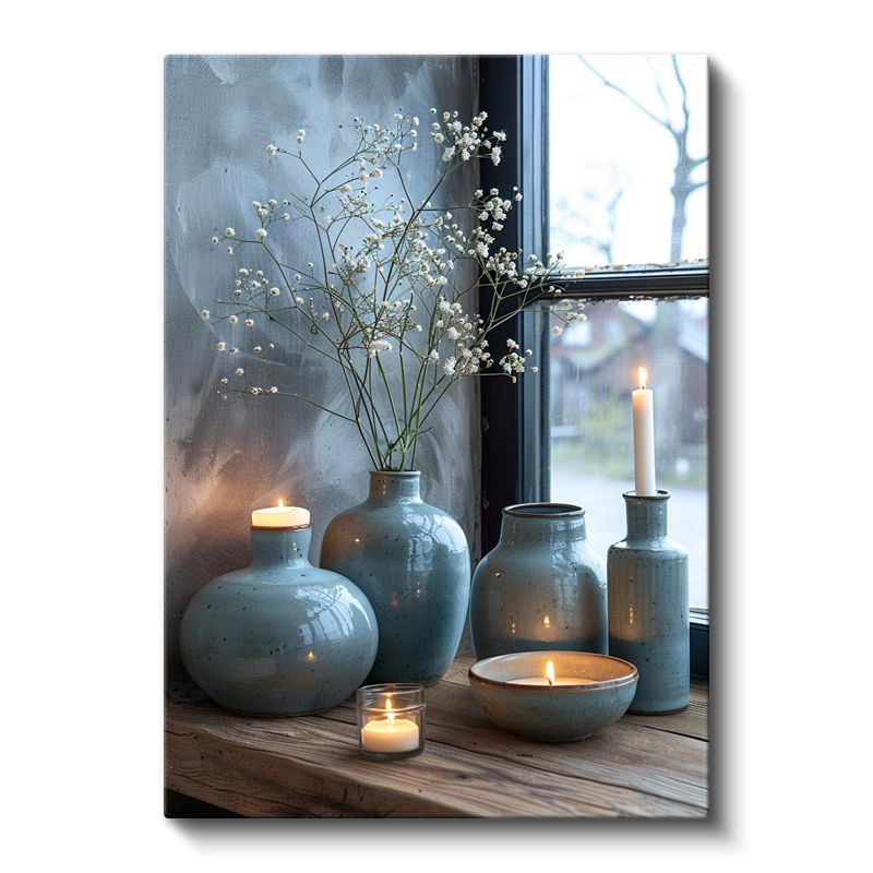 Mavi Vazolar - Pencere Kenarı Dekorasyonu Kanvas Tablo