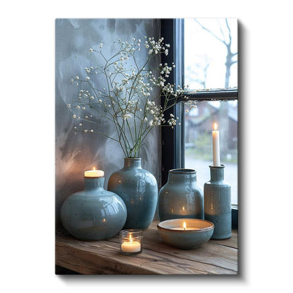 Mavi Vazolar - Pencere Kenarı Dekorasyonu Kanvas Tablo