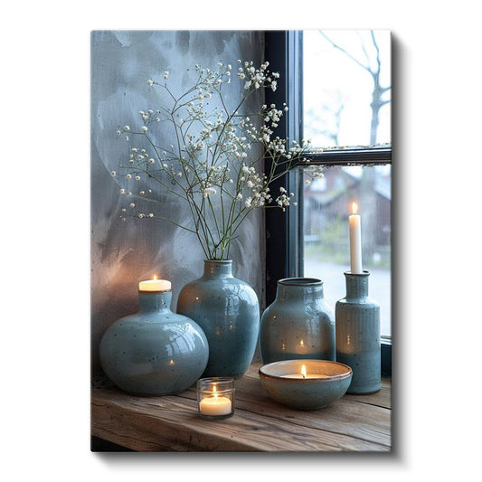 Mavi Vazolar - Pencere Kenarı Dekorasyonu Kanvas Tablo