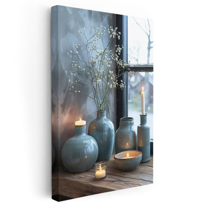 Mavi Vazolar - Pencere Kenarı Dekorasyonu Kanvas Tablo