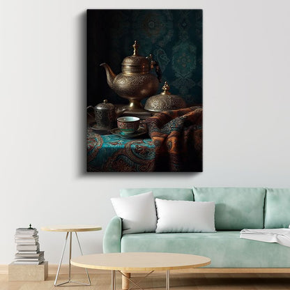 Geleneksel Çay Seremonisi - Antik Bakır Demlik Kompozisyonu Kanvas Tablo