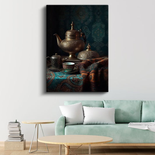 Geleneksel Çay Seremonisi - Antik Bakır Demlik Kompozisyonu Kanvas Tablo