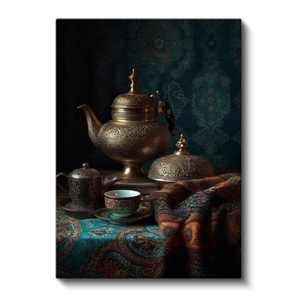 Geleneksel Çay Seremonisi - Antik Bakır Demlik Kompozisyonu Kanvas Tablo