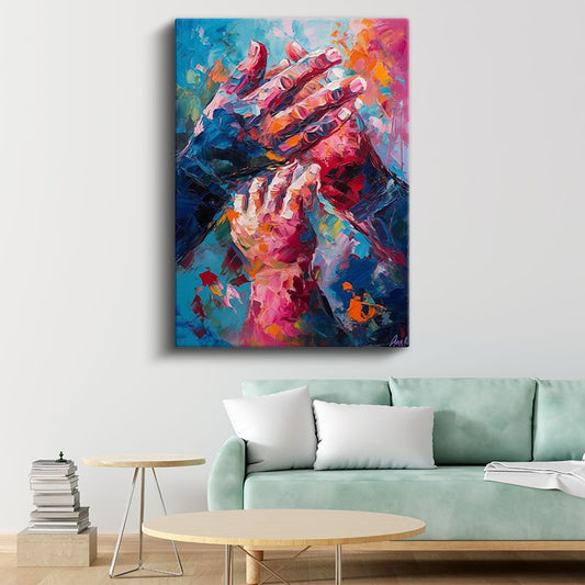 Birleşen Eller - Renkli Ekspresyonist Sanat Kanvas Tablo