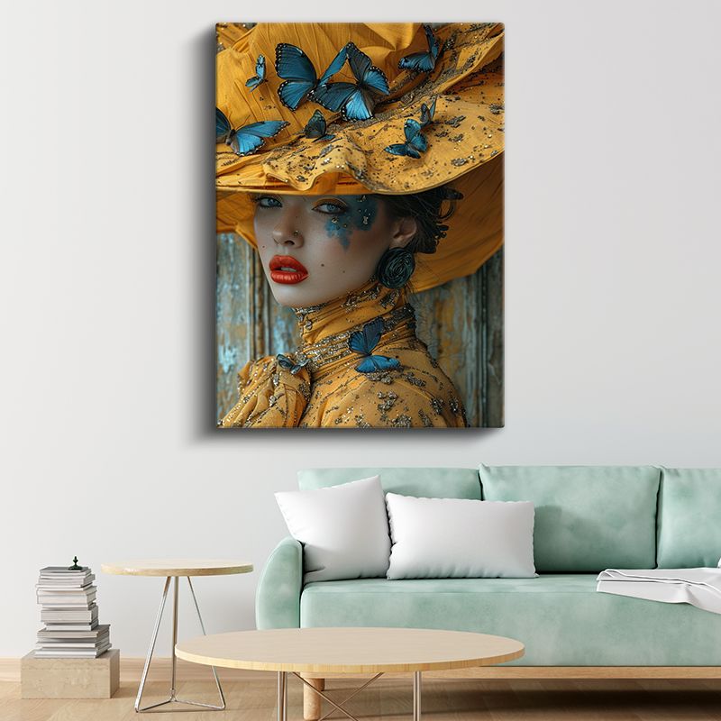 Kelebek Rüyası - Sarı ve Mavi Tonlarında Sanatsal Portre Kanvas Tablo