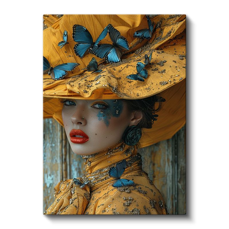 Kelebek Rüyası - Sarı ve Mavi Tonlarında Sanatsal Portre Kanvas Tablo