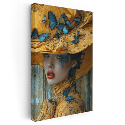 Kelebek Rüyası - Sarı ve Mavi Tonlarında Sanatsal Portre Kanvas Tablo