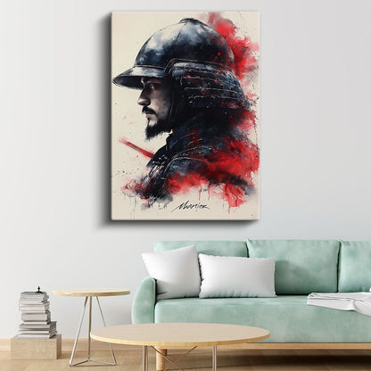 Samuray Ruhu - Kırmızı Sıçramalı Savaşçı Portresi Kanvas Tablo