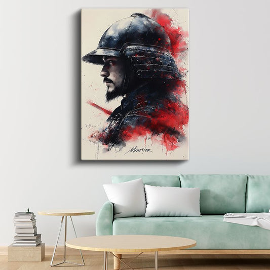 Samuray Ruhu - Kırmızı Sıçramalı Savaşçı Portresi Kanvas Tablo