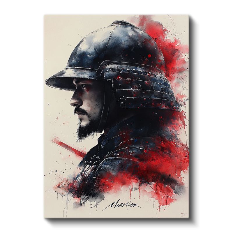 Samuray Ruhu - Kırmızı Sıçramalı Savaşçı Portresi Kanvas Tablo