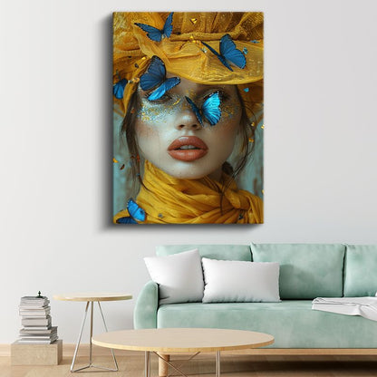 Mavi Kelebekler - Altın Sarısı Detaylı Portre Kanvas Tablo