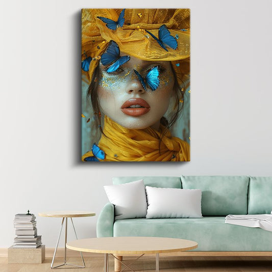 Mavi Kelebekler - Altın Sarısı Detaylı Portre Kanvas Tablo