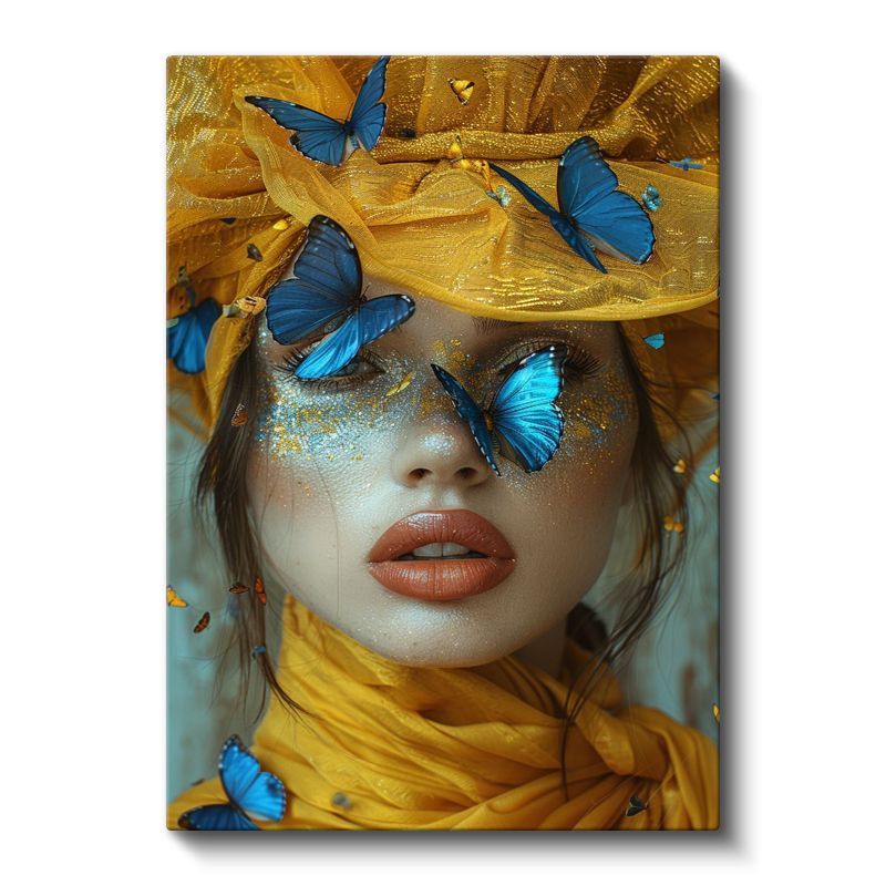 Mavi Kelebekler - Altın Sarısı Detaylı Portre Kanvas Tablo