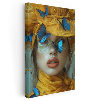 Mavi Kelebekler - Altın Sarısı Detaylı Portre Kanvas Tablo