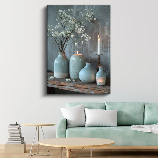 Huzur Köşesi - Turkuaz Seramik Vazolar ve Mumlar Kanvas Tablo