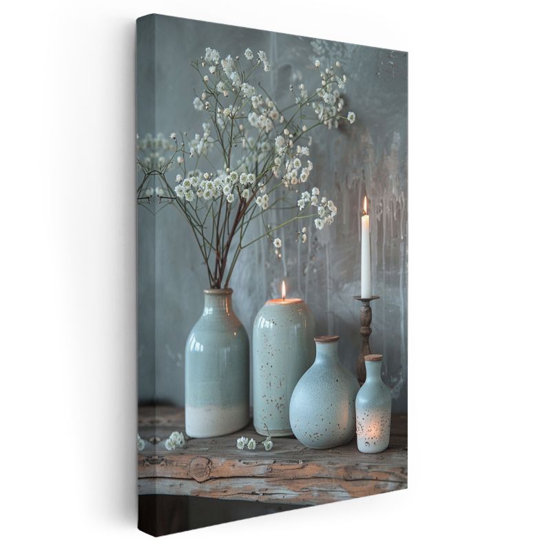 Huzur Köşesi - Turkuaz Seramik Vazolar ve Mumlar Kanvas Tablo