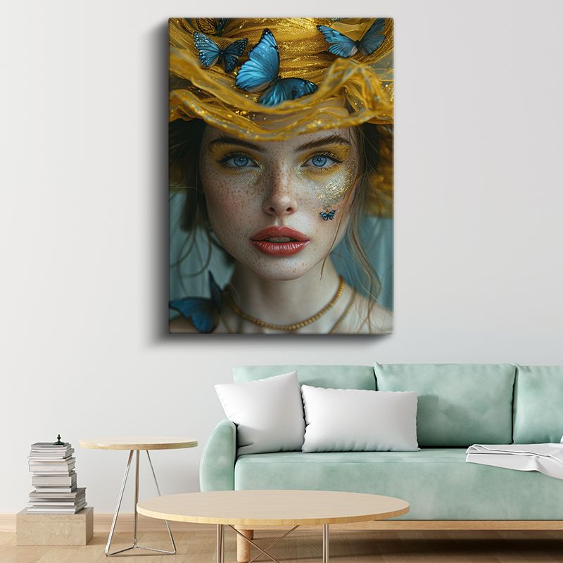 Mavi Kelebekler - Altın Işıltılar İçinde Büyüleyici Portre Kanvas Tablo