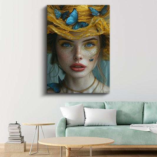 Mavi Kelebekler - Altın Işıltılar İçinde Büyüleyici Portre Kanvas Tablo