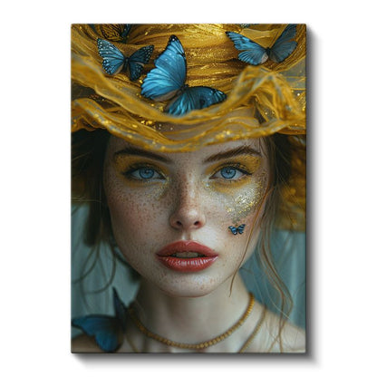 Mavi Kelebekler - Altın Işıltılar İçinde Büyüleyici Portre Kanvas Tablo