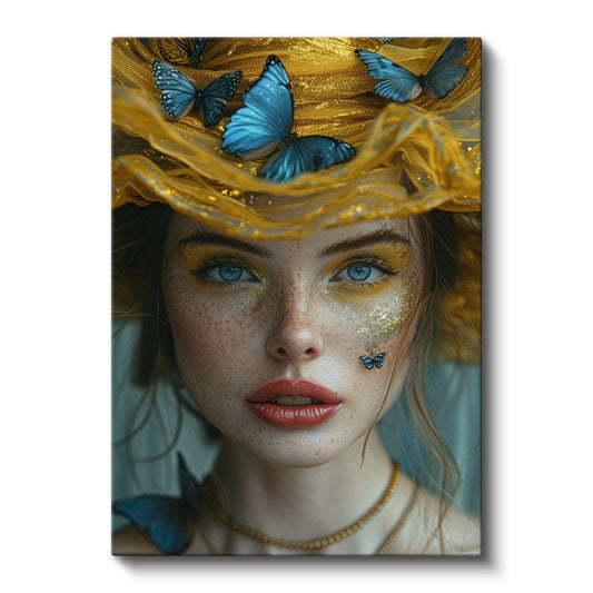 Mavi Kelebekler - Altın Işıltılar İçinde Büyüleyici Portre Kanvas Tablo