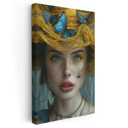 Mavi Kelebekler - Altın Işıltılar İçinde Büyüleyici Portre Kanvas Tablo