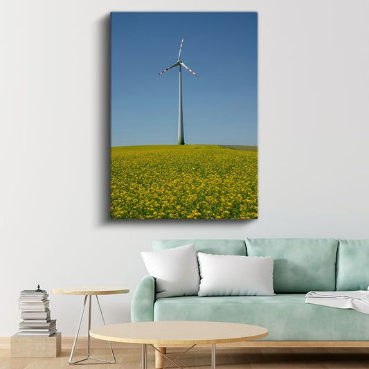 Rüzgar Türbini - Sarı Çiçek Tarlasında Yükselen Enerji Kanvas Tablo