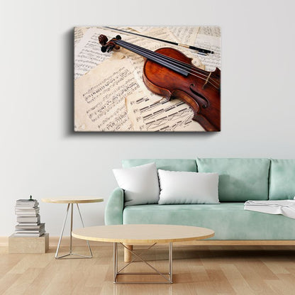 Müzik Notaları ve Keman - Klasik Sanat Eseri Kanvas Tablo