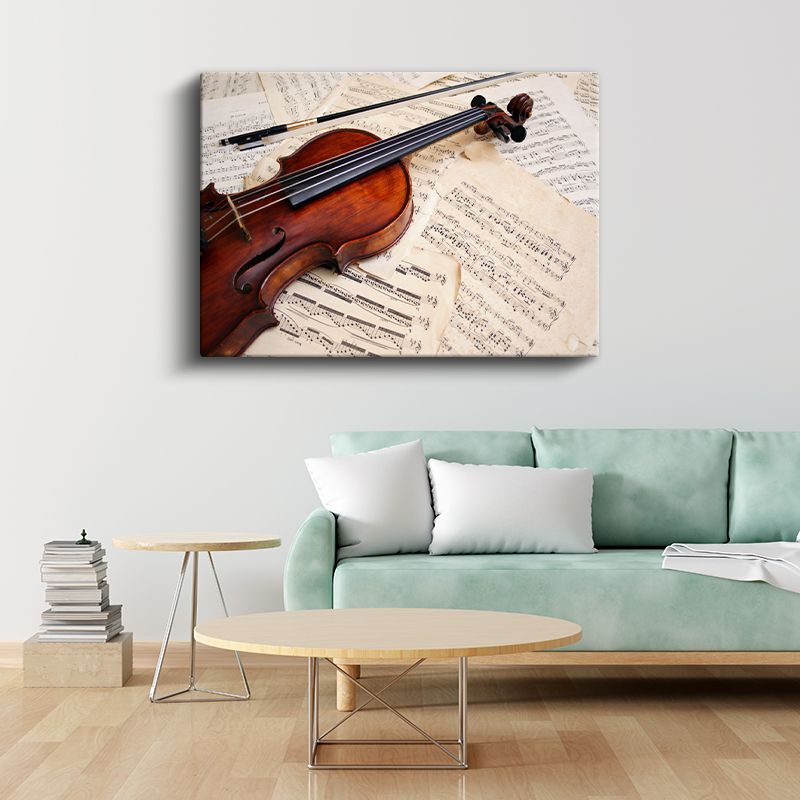 Antik Nota Kağıtları ve Keman - Müzikal Kompozisyon Kanvas Tablo
