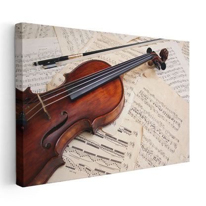 Antik Nota Kağıtları ve Keman - Müzikal Kompozisyon Kanvas Tablo