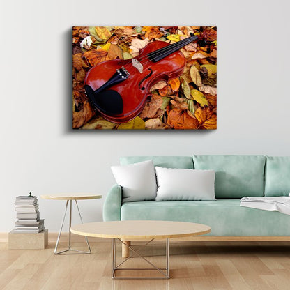 Keman - Yapraklar Arasında Kanvas Tablo