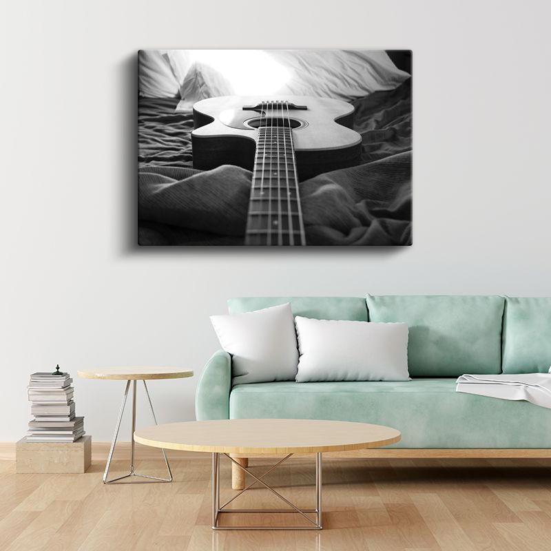 Akustik Gitar - Siyah Beyaz Müzik Kanvas Tablo