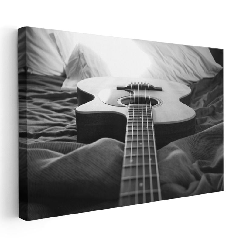 Akustik Gitar - Siyah Beyaz Müzik Kanvas Tablo