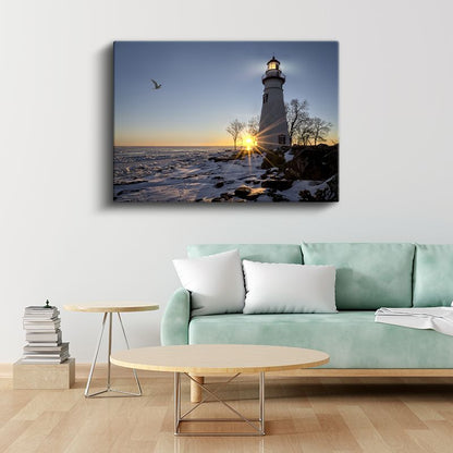 Deniz Feneri - Kış Gün Batımı Kanvas Tablo