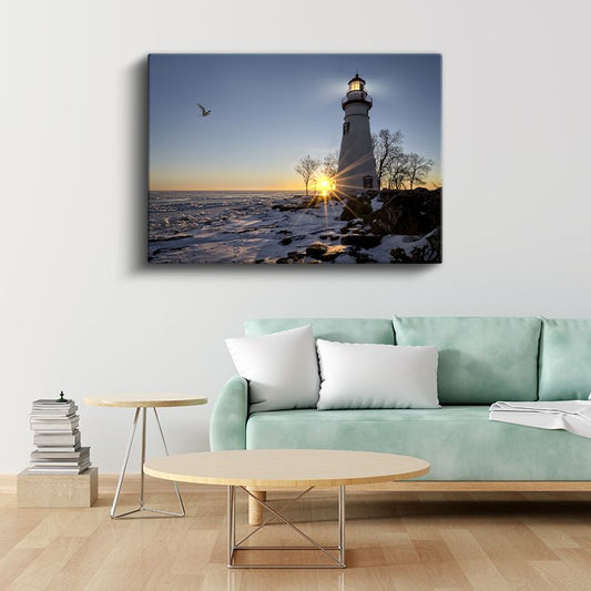 Deniz Feneri - Kış Gün Batımı Kanvas Tablo