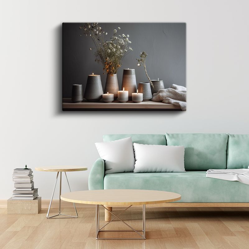 Minimalist Seramik Kompozisyon - Kurutulmuş Çiçekler ve Mumlar Kanvas Tablo