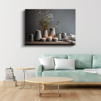 Minimalist Seramik Kompozisyon - Kurutulmuş Çiçekler ve Mumlar Kanvas Tablo