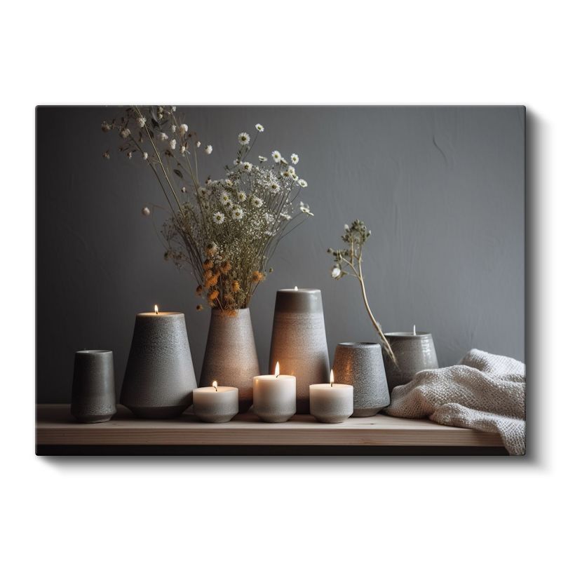 Minimalist Seramik Kompozisyon - Kurutulmuş Çiçekler ve Mumlar Kanvas Tablo
