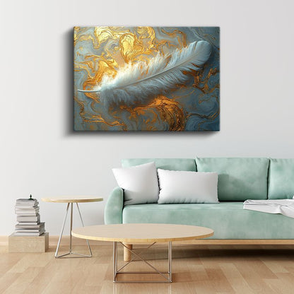 Altın Sıvı Doku - Zarif Beyaz Tüy Kanvas Tablo