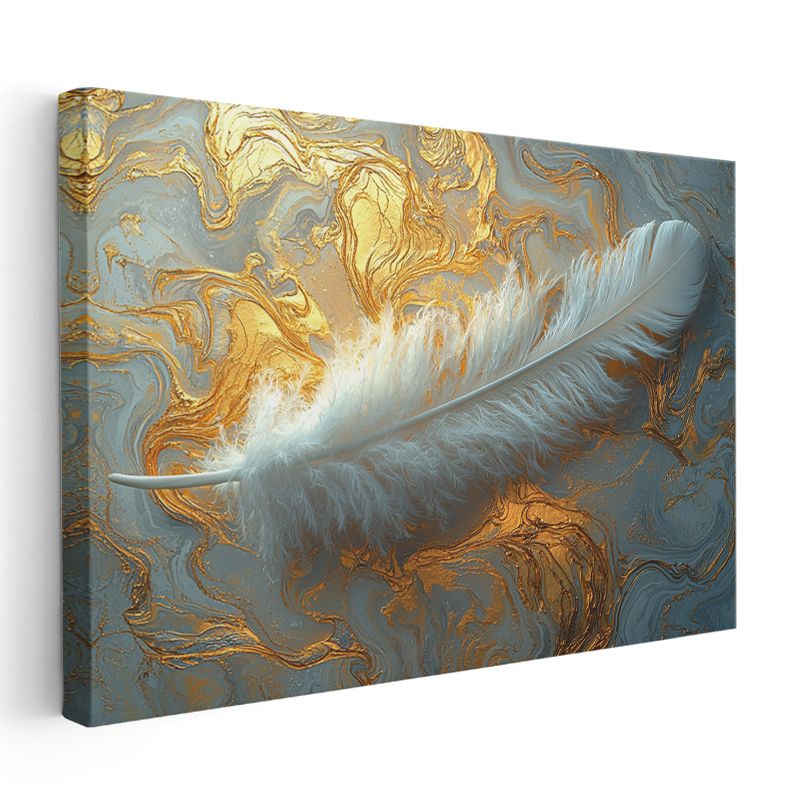 Altın Sıvı Doku - Zarif Beyaz Tüy Kanvas Tablo