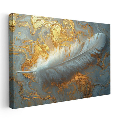 Altın Sıvı Doku - Zarif Beyaz Tüy Kanvas Tablo