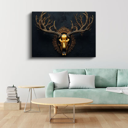 Altın Geyik Kafatası - Mistik Boynuzlar Kanvas Tablo