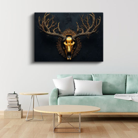 Altın Geyik Kafatası - Mistik Boynuzlar Kanvas Tablo