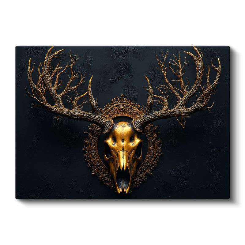 Altın Geyik Kafatası - Mistik Boynuzlar Kanvas Tablo