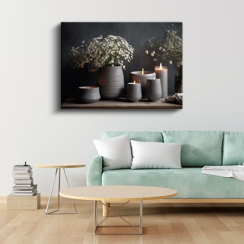 Beyaz Çiçekler - Seramik Vazolar ve Mumlar Kanvas Tablo